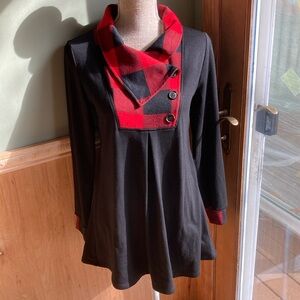 Timeson black tunic top with red & black plaid flannel  collar f